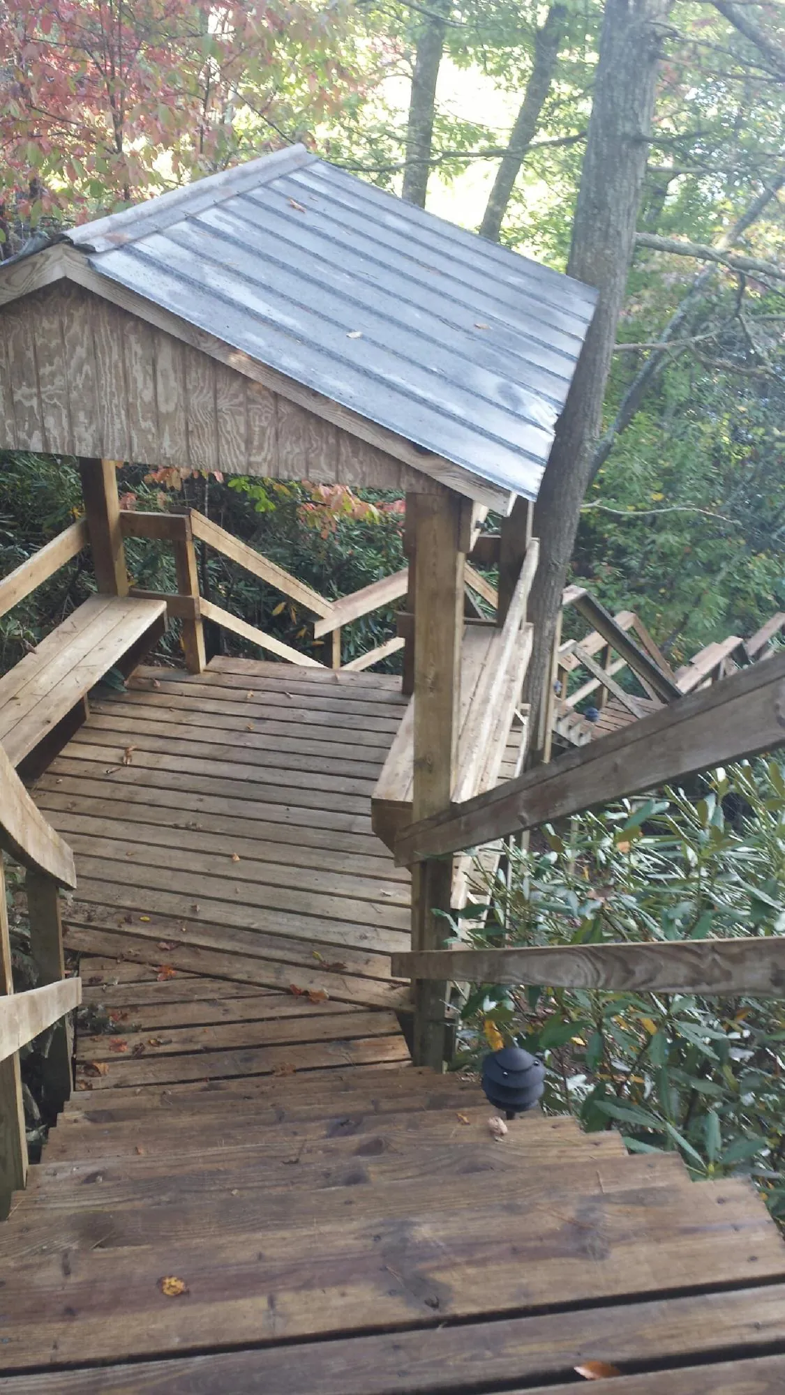 Metal roofed shelter over wooden steps on a wooded walkway — Skylight Repair & Installation work by our crew in Bellwood